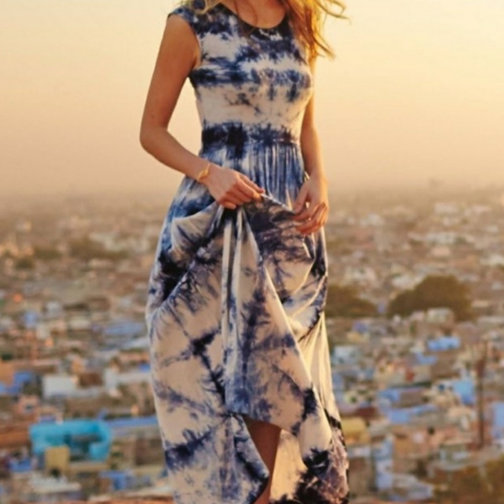 Anthropologie Blue and White Tie-Dye Maxi Dress